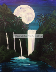 Waterfall at Night with Moon Painting Maui